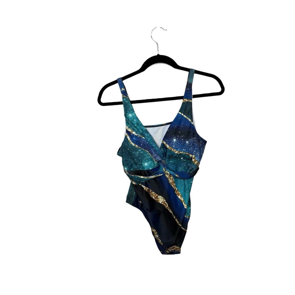 Temu Blue White Marble Print One Piece Swimsuit Spaghetti Strap with cover up XL
